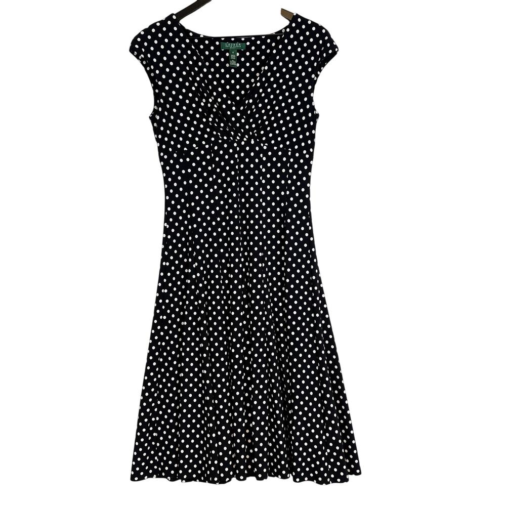 Lauren Ralph Lauren A-Line Stretchy Midi Dress Black White Polka Dots - 6